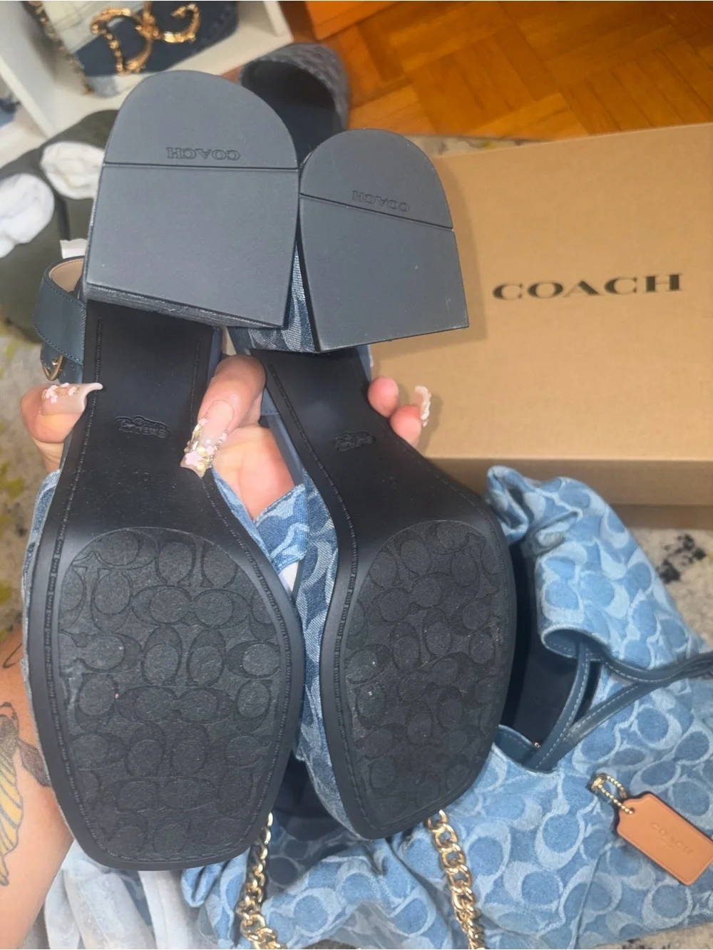 Coach Denim Logo Block Heel Sandals in Light Blue